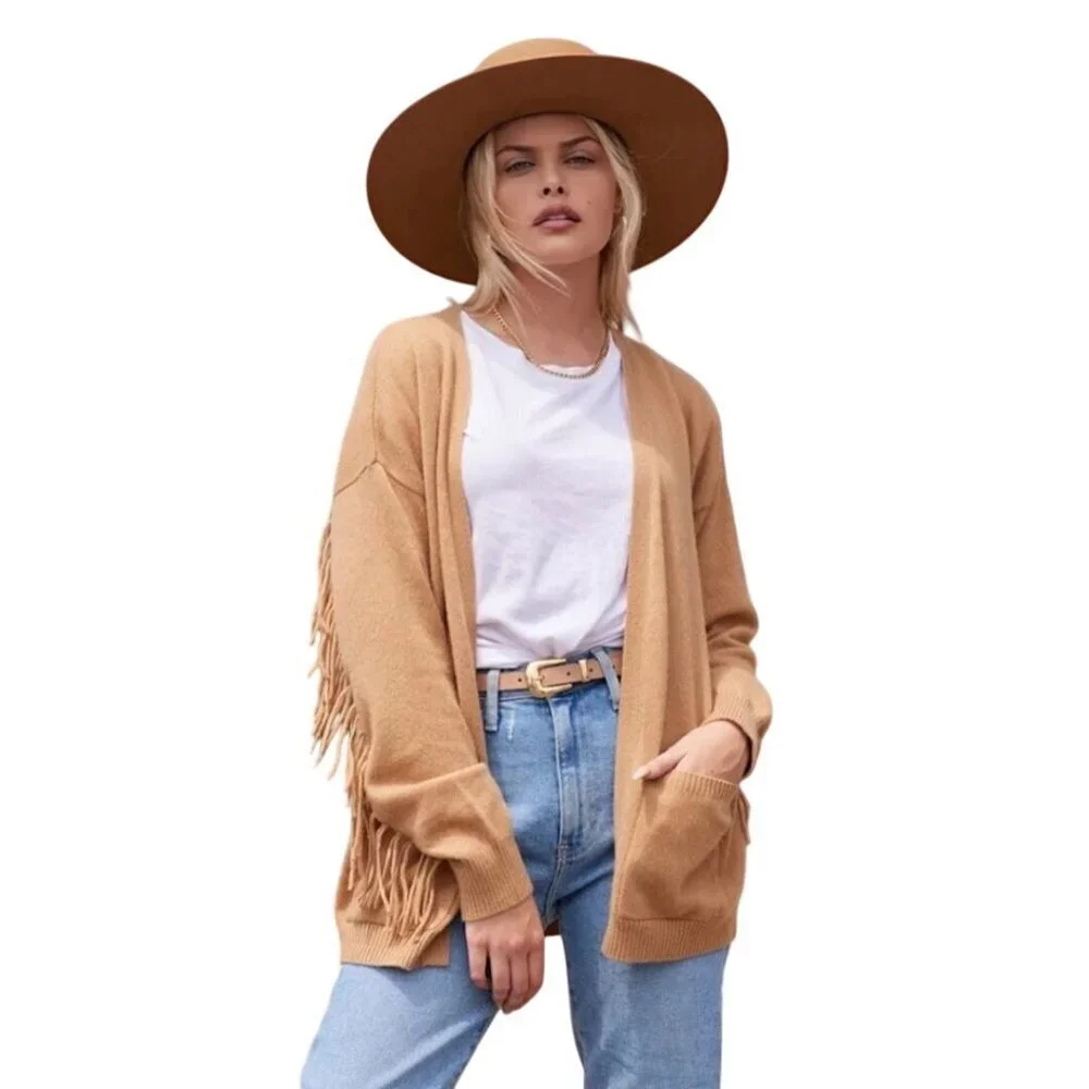 Minnie Rose Fringe Cardigan Caramel 100% Cashmere Open Front Pockets Size L
